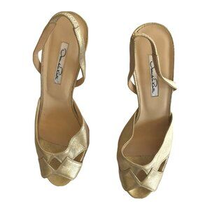 New Gold Metallic Oscar de la Renta High Heel Leather Slingback Sandals Size 8.